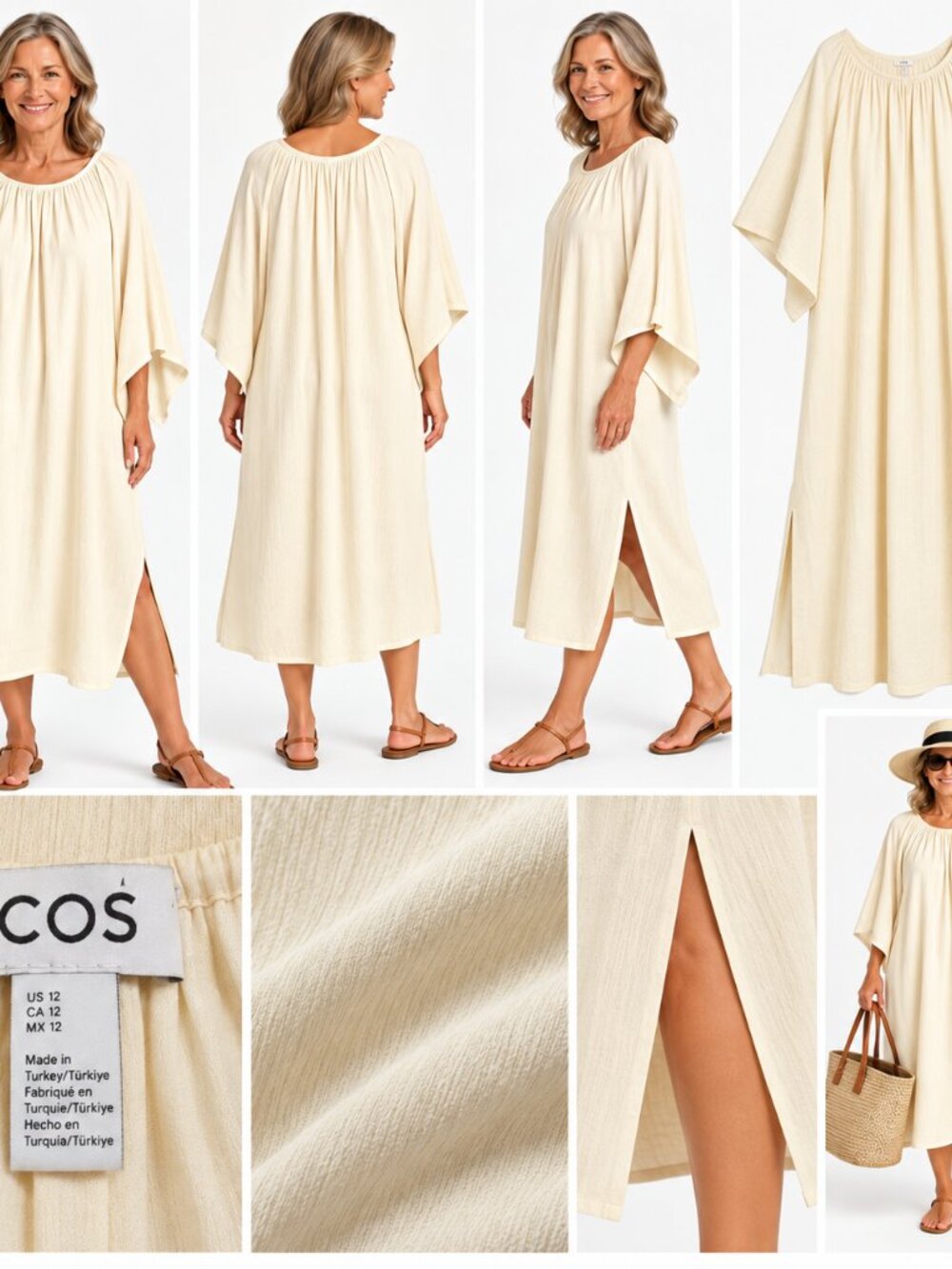 COS Cream Gathered Neck Side Slit Midi Dress Relaxed Minimalist Resort Size 12